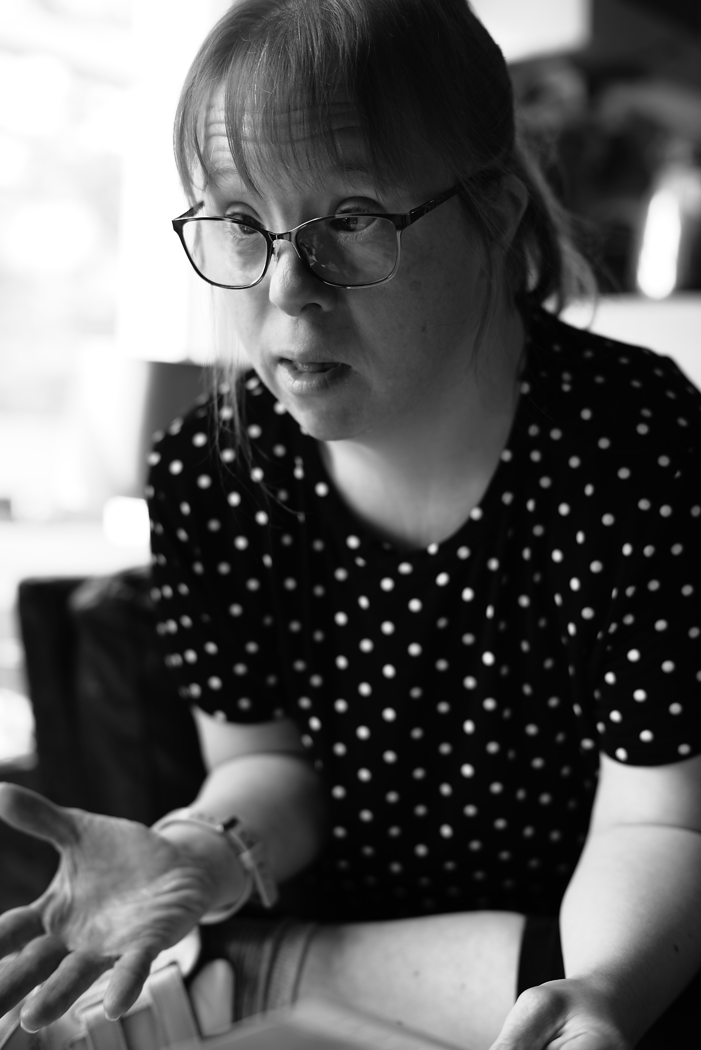 Black & White portrait of Bethan Kendrick talking