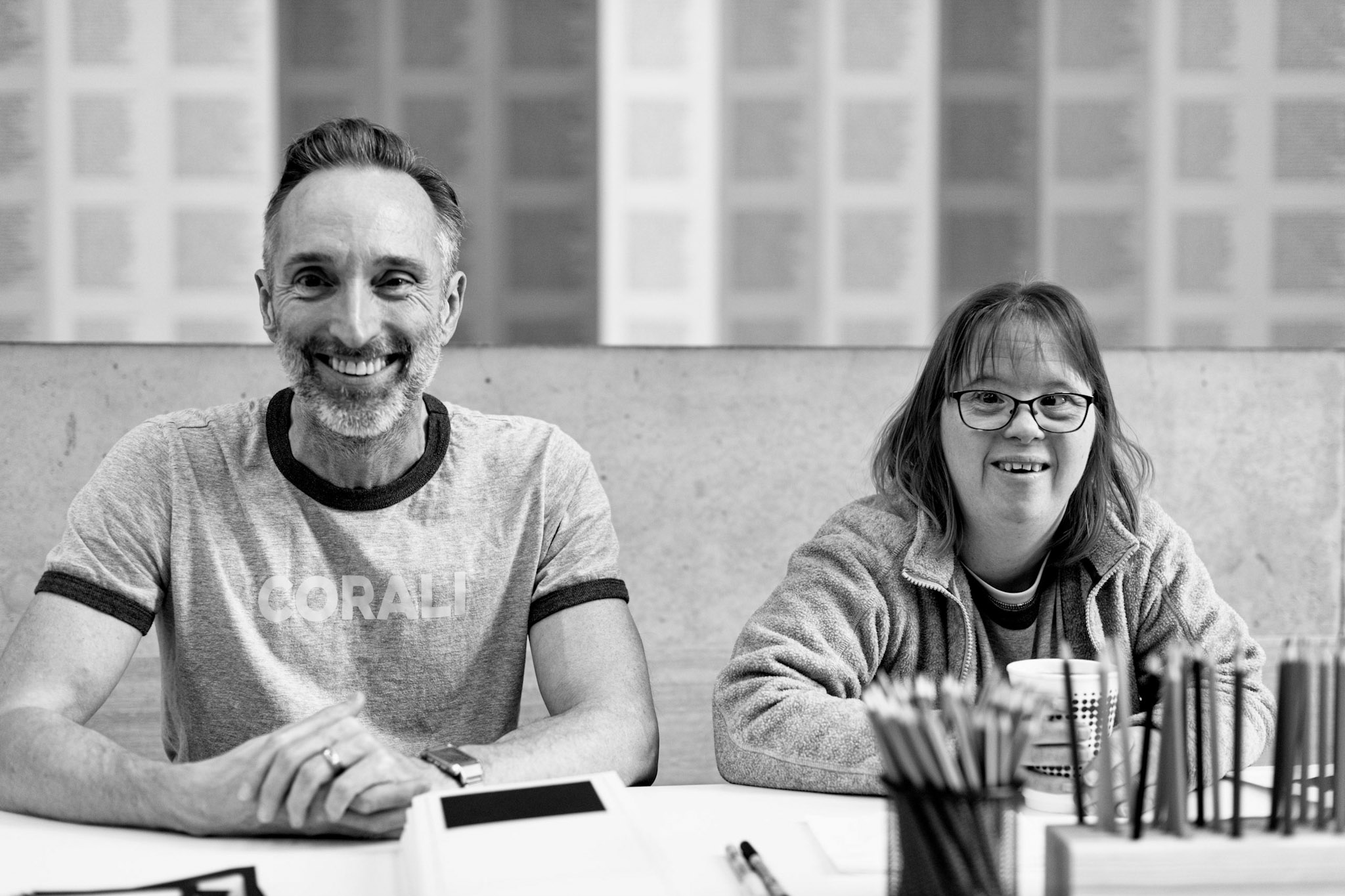 Black and white photo of Jacobus with Bethan Kendrick 